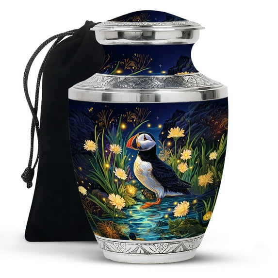 KARYLIZ Puffins Decorative Urns - Large Urn For Human Ashes Male & Female - 200 Cubic Inches - Blue Memorial Cremation Urn Human Ashes - Flowers Funeral Urns For Man & Women with Velvet Bag (10inch)