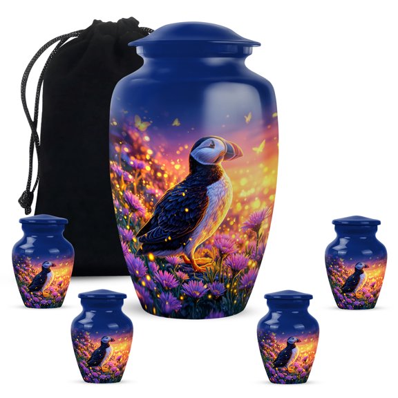 KARYLIZ Puffins Keepsake Urn - Sunset Blue Set of 5 Mini Blue Urns - 3" Small Decorative Cremation Urns for Adult Male & Female - Sunset Meadow Small Urn for Mom Dad - Memorial Ashes Holder