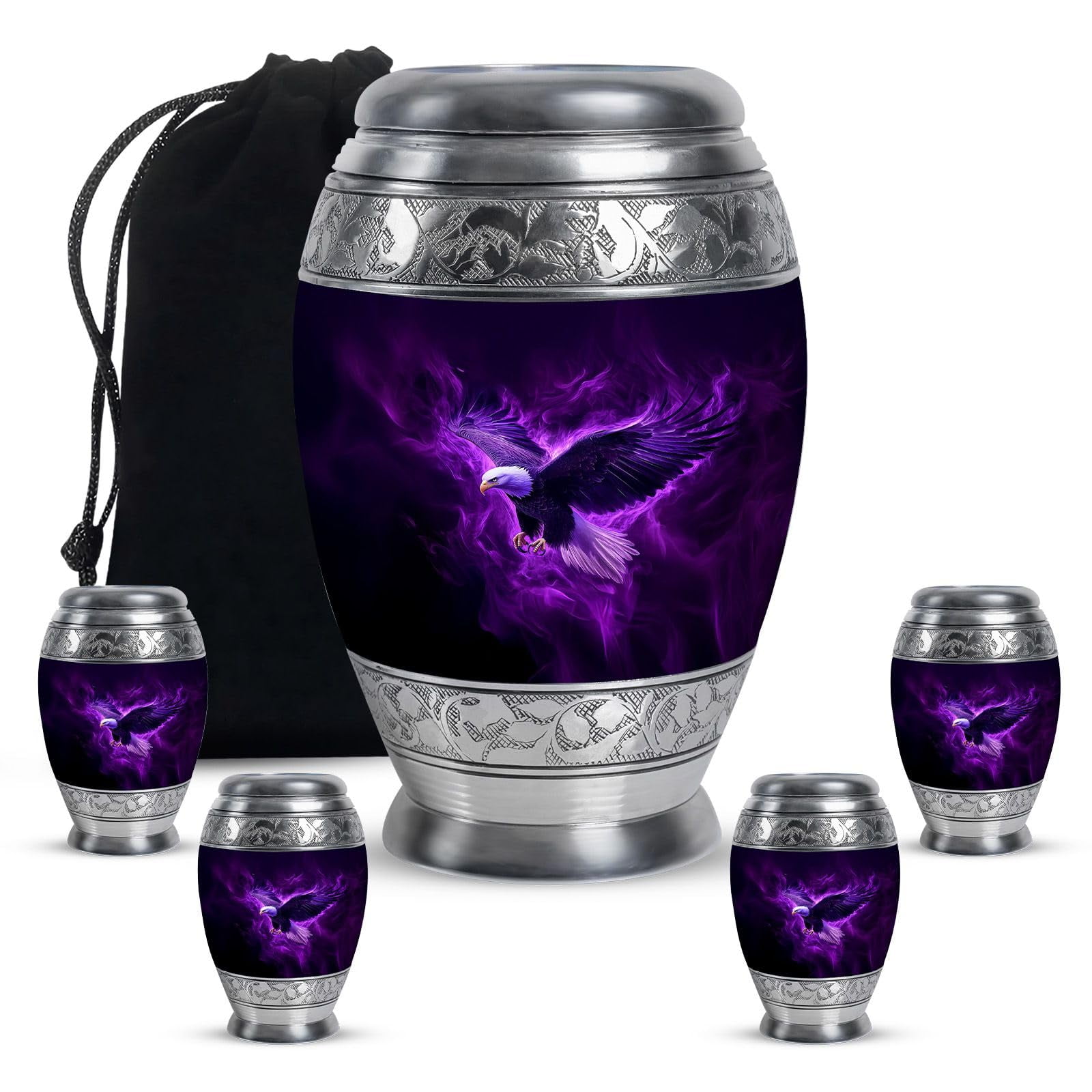 KARYLIZ Purple Eagle Cremation Urns – Combo of 5 with 10 Inch Burial Ash Holder for Adult Men & Women and 3 Inch Mini Keepsake Urns for Mom, Dad & Father – Decorative Memorial Set for Human Ashes