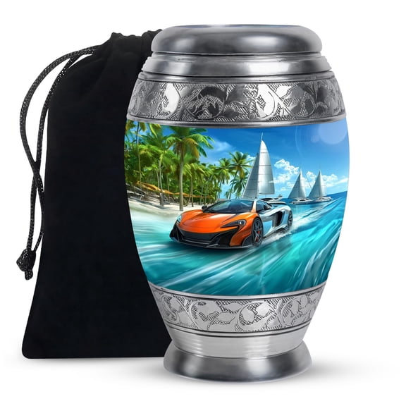 KARYLIZ Racer Car On Beach Urn For Ashes Adult Male - Race Car Urn For Ashes - Cremation Urn For Human Ashes - Funeral Urn For Adult Ashes Men - Adult Urn For Human Ashes Women 10 Inch