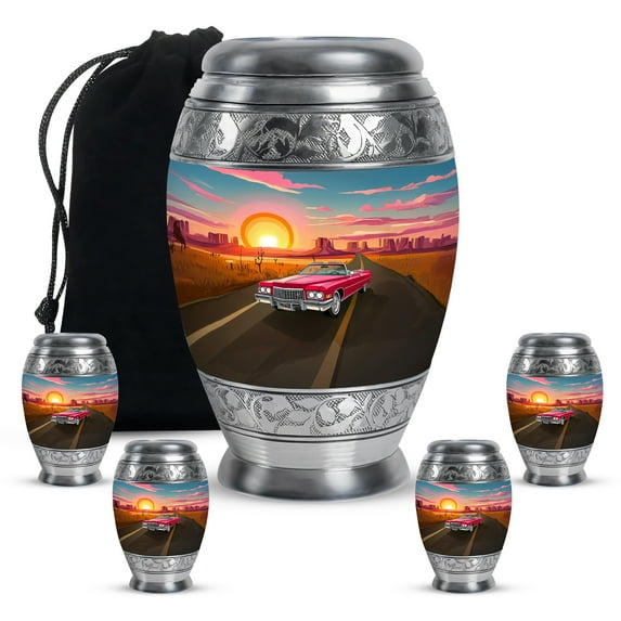 KARYLIZ Red Car Funeral Urns For Male, Combo Cremation Urn for Human Ashes Adult Female, Mini Keepsake Urn For Mom & Dad, Burial Urn for Men & Women – Large, Car 10 Inch & 3 Inch, Set of 5