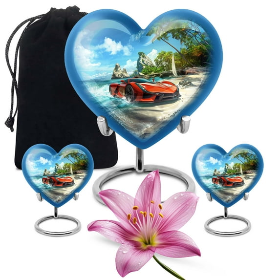 KARYLIZ Red Sports Car on Beach Ocean Blue Heart Shaped Urn - Combo 8 Inch & 3 Inch, Pack of 2 Keepsake - Urn For Ashes For Women - Small Keepsake Urns For Human Ashes - Large Urns For Male Female