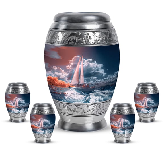 KARYLIZ Sail Boat Blue & Orange Urn - Keepsake Urn - Burial Decorative for Adult Human Ashes - Cremation Urns for Female Mom & Male Dad - Funeral for Human Ashes (Combo 10" & 3", Set of 5)