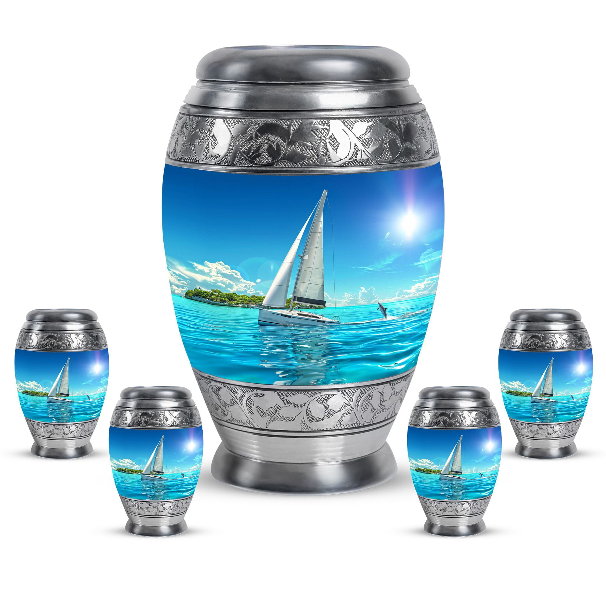 Forever Urns Ocean Love Cremation Urn – Handcrafted Aluminum Urn For Ashes, 200 Cu In, With Velvet Bag (Extra Large 320 Cu In Available)