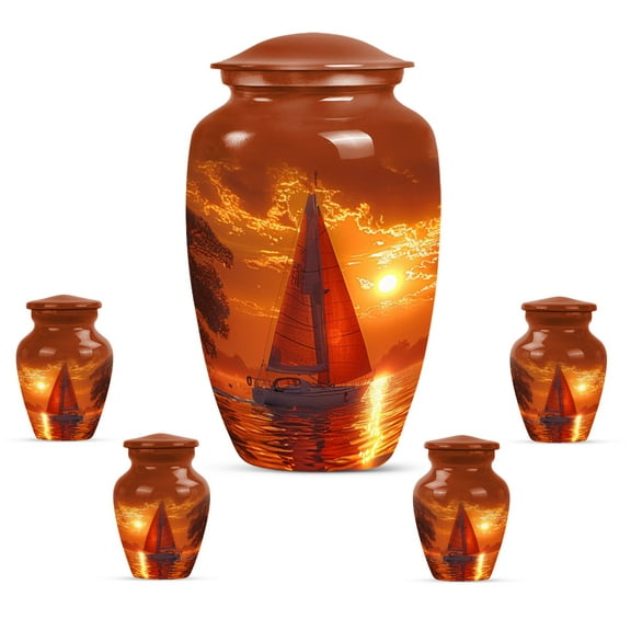 KARYLIZ Sail Boat Small Urns For Human Ashes Keepsake - Urns For Human Ashes Adult Female - Set Of 5, 10 Inch & 3 Inch - Funeral Urn for Men & Women - Red Sunset Mini Funeral for Male