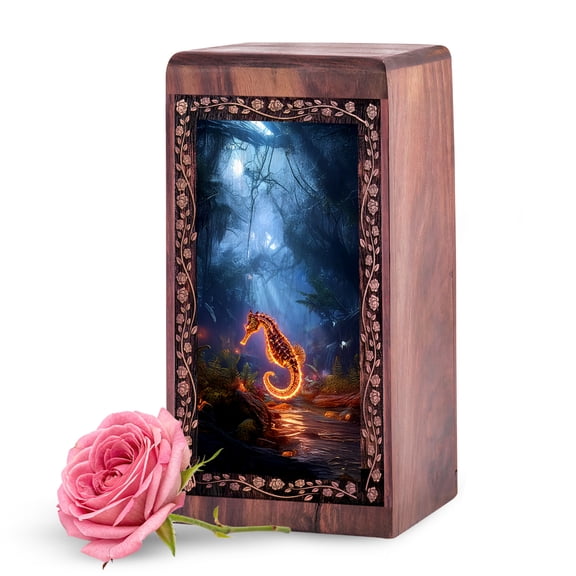 KARYLIZ Seahorse Wooden Urns for Human Ashes Adult - 5 Inch Small Wood Urn for Infant - Cremation Urns for Human Ashes - Engrave Wood Urn for Cremated Remains - Wooden Box