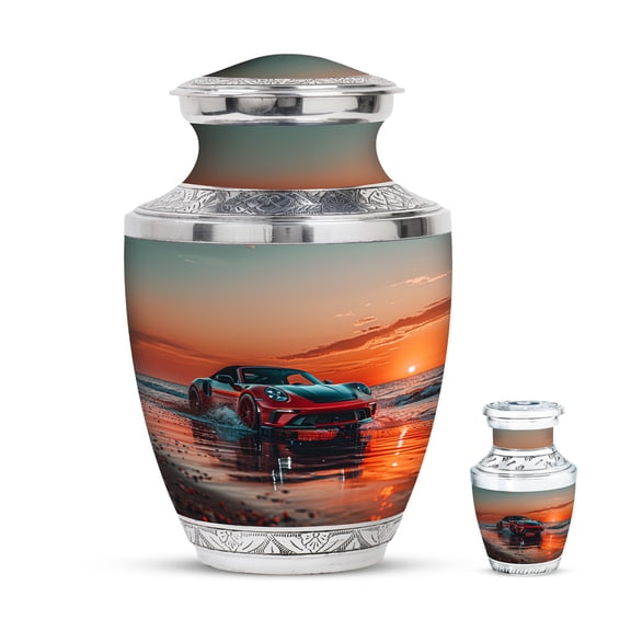 KARYLIZ Sports Racing Car On Beach Large Urns For Human Ashes Man - Small Urns For Human Ashes Keepsake - Urn For Ashes Adult Male - Memorial Keepsakes For Ashes - Cremation Urns (Combo - 10" & 3")