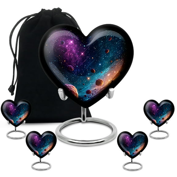 KARYLIZ Star Milky Way Galaxy Cremation Urns for Adult Ashes Male Female - Combo 8 Inch & 3 Inch, Set of 5 - Heart Shaped Funeral Keepsake Urns for Women & Men - Keepsake Decorative Urn for Mom