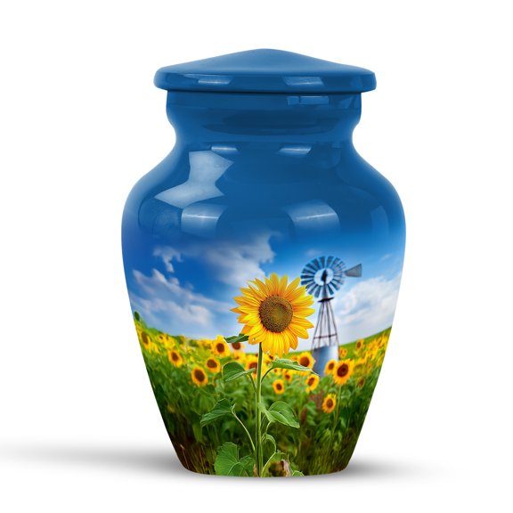 KARYLIZ Sunflower Urn for Male Female - Blue Keepsake Urn for Human Ashes - Mini Cremation Urn for Human Ashes Adult Woman - Decorative Memorial Tribute - Memorial Tribute for Man (3inch)