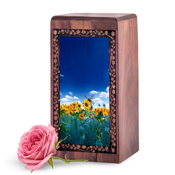 KARYLIZ Sunflower Wooden Urn for Ashes Adult Man - 5 Inch Small Engrave Ashes Keepsake Small Urn - Cremation Boxes for Human Ash - Wooden Urns for Adults - Burial Ash Container