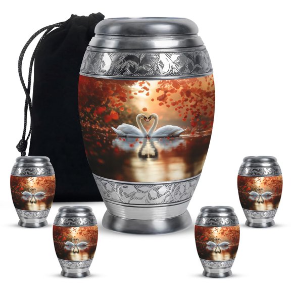 KARYLIZ Swan Urns for Ashes Combo of 5 – 10 Inch Red Flowers Funeral Urn for Adult Men & Women and 3 Inch Mini Keepsake Ash Holder – Memorial Cremation Burial Container for Human Remains
