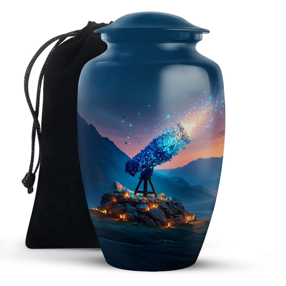 KARYLIZ Telescope Urns for Adult Male & Female - Mountain at Sunset Large Funeral Urn for Human Ashes Women - Blue Memorial Gift for Cremation Ashes