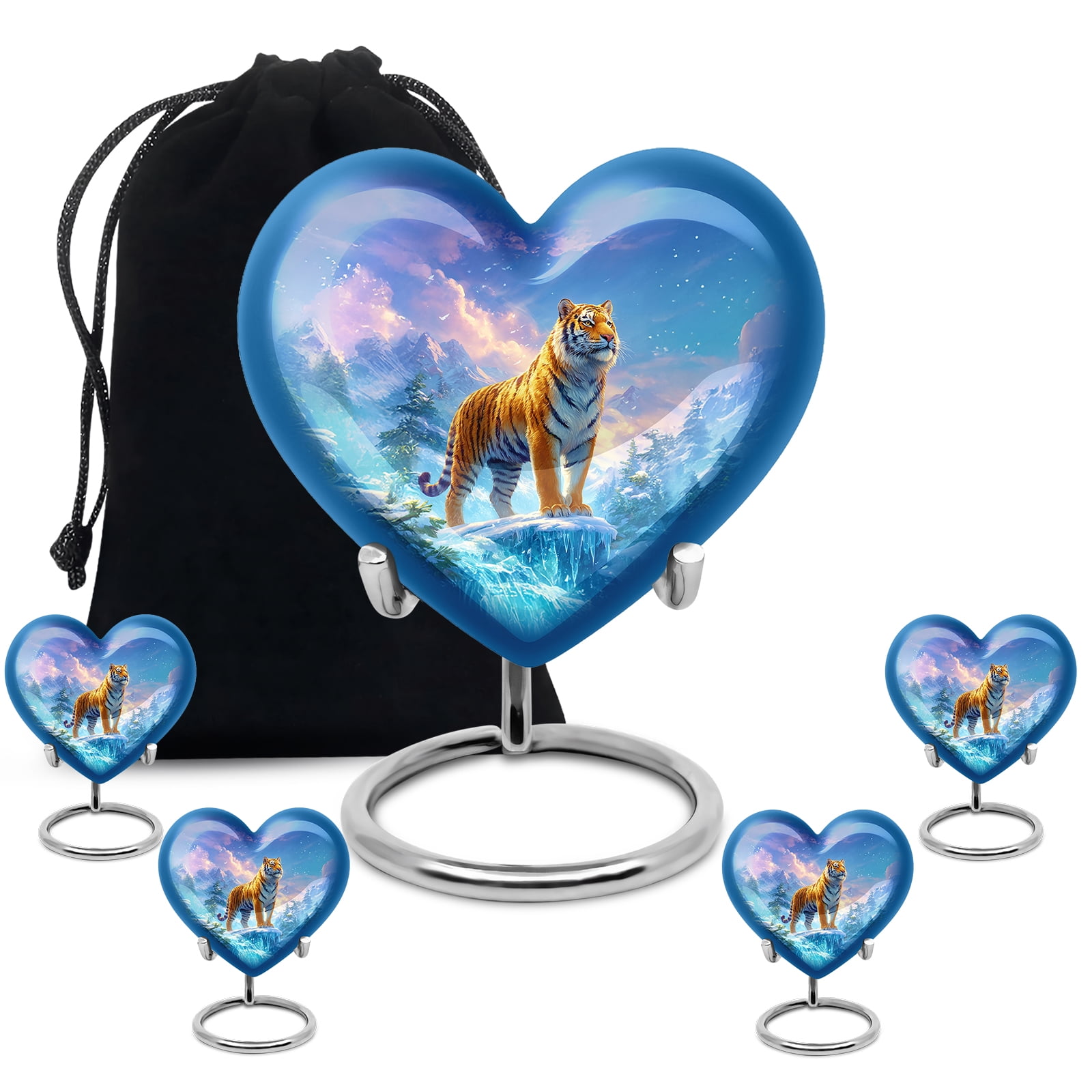 KARYLIZ Tiger Cremation Urn For Male, Blue Heart Shaped Remembrance Urns for Human Ashes Adult Female, Kepsake Ash Holders, Urns for Ashes Adult Man, Funeral Urn Remains (8 Inch & 3 Inch, Set of 5)