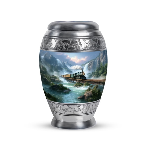 KARYLIZ Train Urns For Human Ashes Adult Man - Mountain Valley Clouds Blue-Green Cremation Urns for Human Ashes Adult Male or Female, Funeral Keepsake Memorial Urn, Urn for Men, Up to 3 Cubic Inches