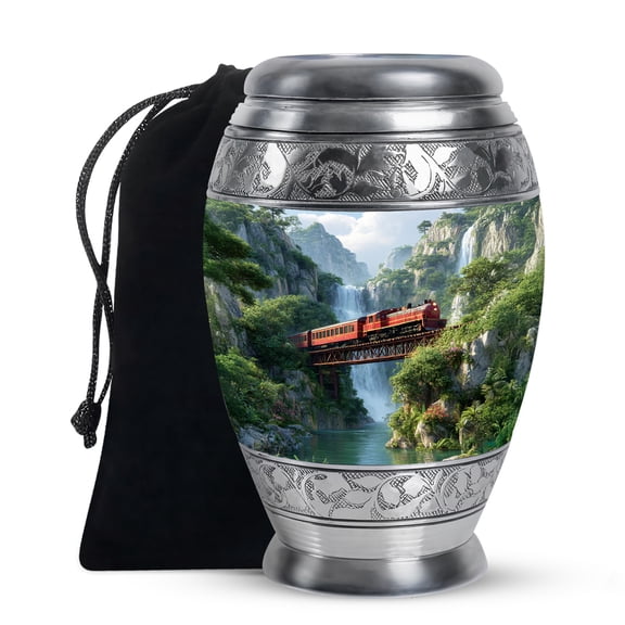 KARYLIZ Train Urns For Human Ashes - Mountain Waterfall Canyon Green and Sky Blue Urn for Ashes Adult Male - Cremation Urns for Man & Women - Large Decorative Urns for Mom & Dad - Velvet Bag (10Inch)