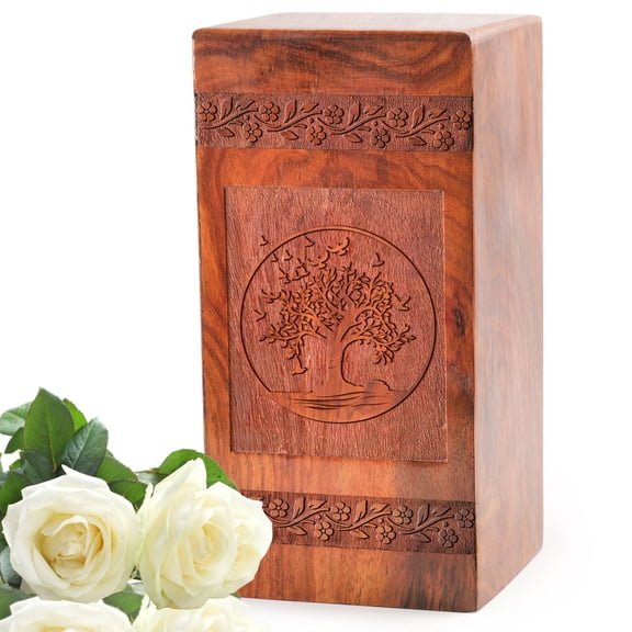 KARYLIZ Tree Of Life Urn With Flying Birds - Ash Urns For Humans Male - Memorial Wooden - Box Urns For Human - Ashes With Custom Wolf Design - Adult Male - Large Urns For Human Ashes - 8 Inches
