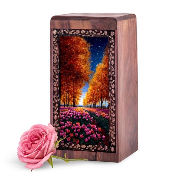 KARYLIZ Tulip Wooden Urn for Adult Human - 5 Inch Small Funeral Urns for Human Ashes Adult Box - Wooden Urn for Mother - Small Keepsake Box with Lid - Personalized Wood Boxes