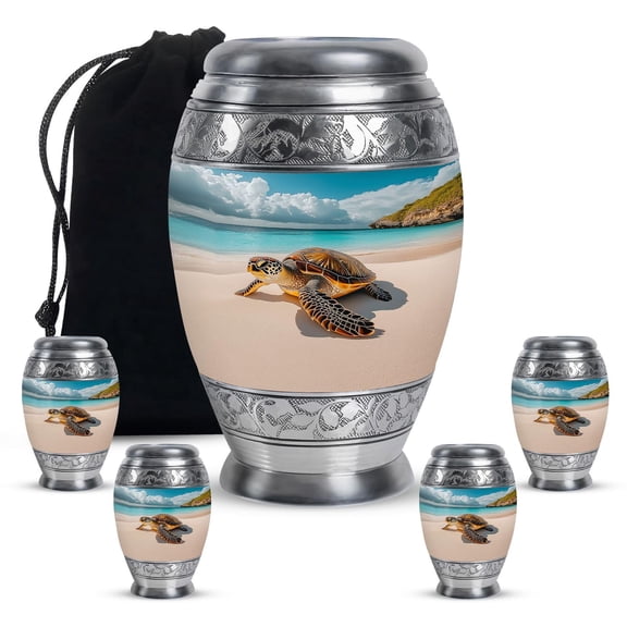 KARYLIZ Turtle Decorative Cremation Urns – Combo of 5 with 10 Inch Purple Funeral Ash Holder for Adult Female, Men and 3 Inch Blue Keepsake Urns for Mom, Mother & Women – Burial Ashes Memorial Set