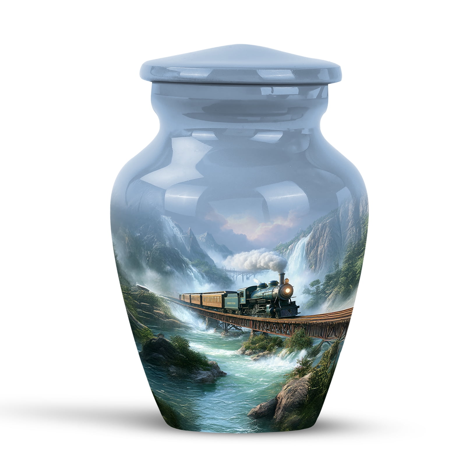 KARYLIZ Vintage Train Urn&nbsp;For Ashes Adult Male Female - Mountain Valley Clouds Blue-Green Cremation Keepsake Urns for Human Ashes, Decorative Burial Urn for Adult Men and Women, Small 3 Inch
