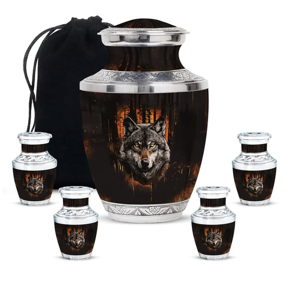 KARYLIZ Wolf Urns For Ashes - Funeral Urns for Adult Ashes Women - Black Cremation Urns for Human Ashes - with Sparkles Funeral Ashes Holder - Urn for Human Ashes (Combo of 5, 10" & 3")