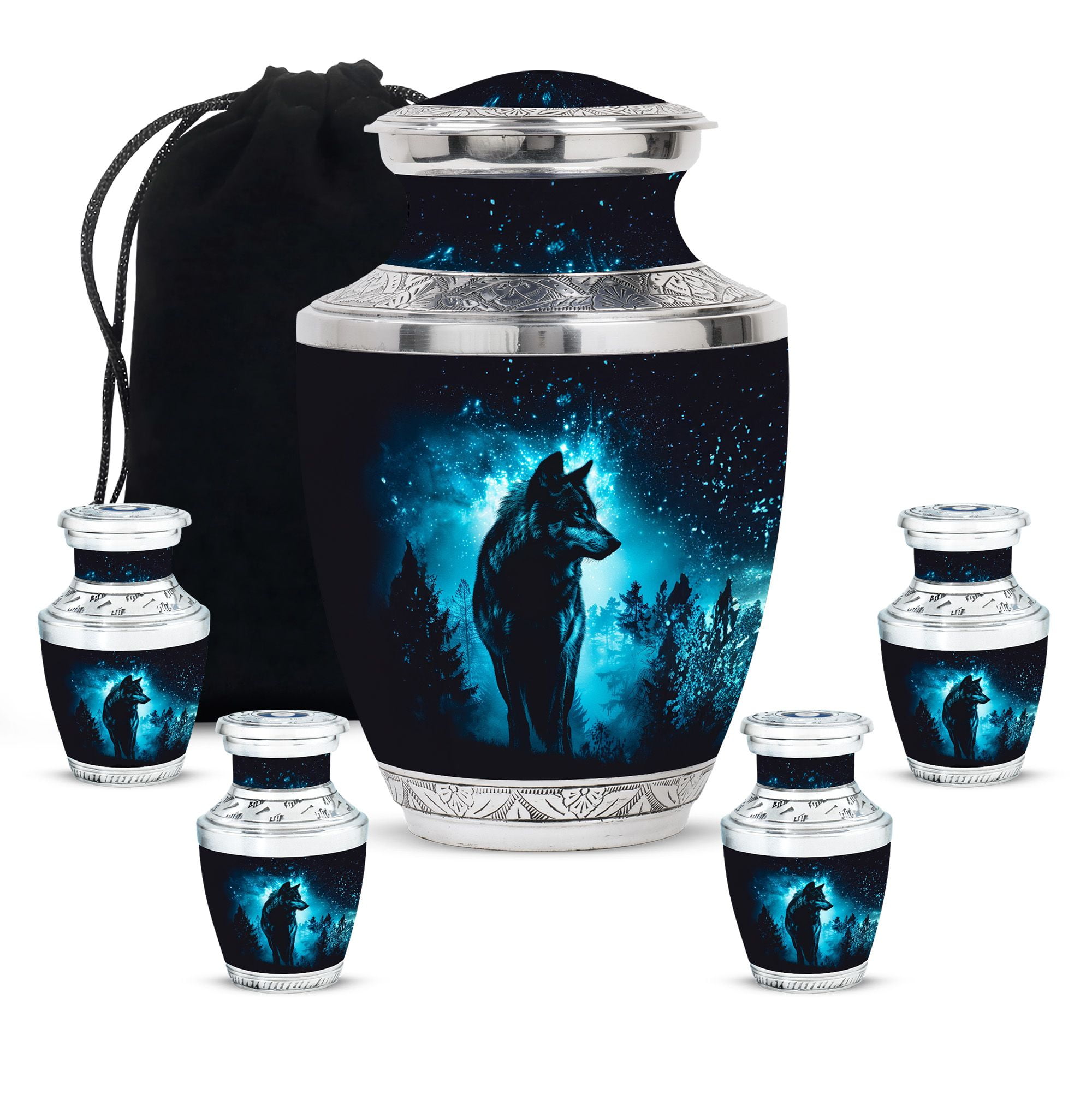 KARYLIZ Wolf Urns&nbsp;For Human Ashes Adult Man - Urn - Black Urn for Ashes for Women Small - Mini Funeral for Human Ashes - Memorial Urn for Male & Female (Combo of 5, Large 10 Inch & Small 3 Inch)