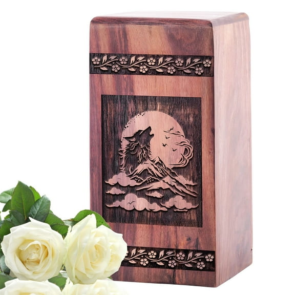 KARYLIZ Wolf Wooden Urn For Women Ashes, Companion Cremation Urn, Urns For Ashes, Urns For Human Ashes Adult Male, Wooden Funeral Urns For Ashes Adult, Wood Box For Burial