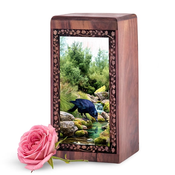KARYLIZ Wooden Crow Urns for Human Ashes Adult Male - Burial Urn for Ashes for Women with Engraving - Mini Memory Boxes - Tiny Burial Urn - Green Wood Urns for Adult Human - 5 Inch