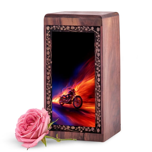 KARYLIZ Wooden Motorcycle Urn - ized Wood Cremation Urns for Ashes Adult - 11 Inch Large Black Urn for Burial - Funeral Boxes for Ashes - Urn for Cremation & Funeral