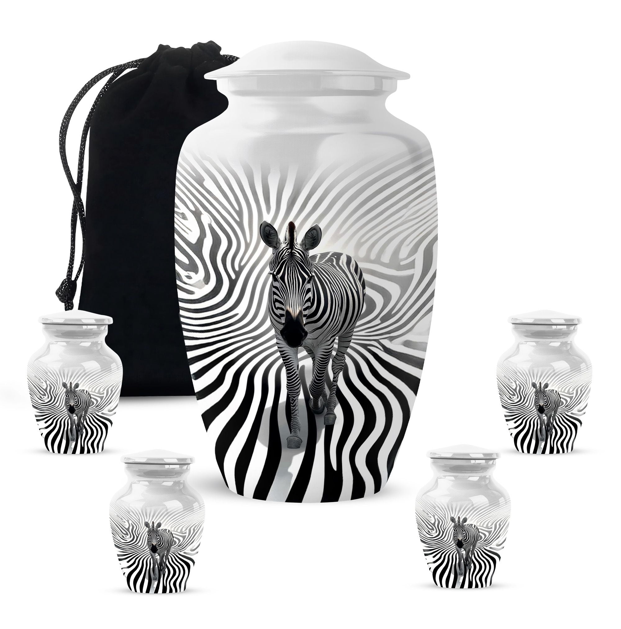 KARYLIZ Zebra Funeral Urns For Adult Ashes Women, Small Urns For Human Ashes Keepsake, Burial & Funeral Urn Ash, Cremation Memorial Gift for Sister & Brother Remains (10 Inch & 3 Inch, Set of 5)