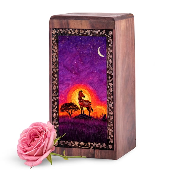 KARYLIZ Zebra Wooden Urn for Human Ashes Adult - Wooden Adult Urns - Purple Wood Burial Urns for Human Ashes - 5 Inch Small Mini Gift for Loss of Dad
