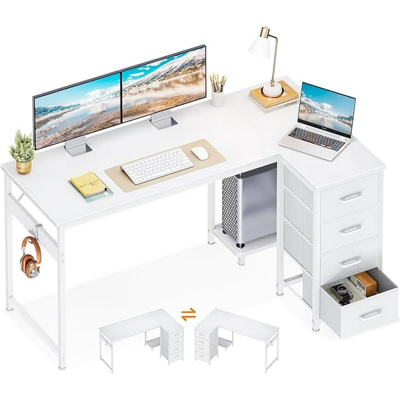 KASA L Shaped Desk with 4 Drawers, 47" White Computer Desk with Storage, Reversible Kids Study Table with CPU Stand & Hook, Corner Work Table for Home Office