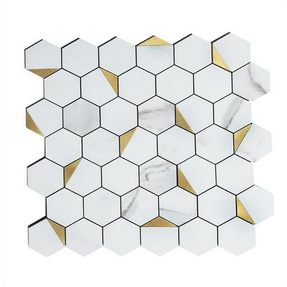 KASARO Backsplash Peel and Stick Mosaic Tile Aluminum Stainless Steel Self Adhesive Tile for Kitchen Wall Bathroom Hexagon (1, Golden)