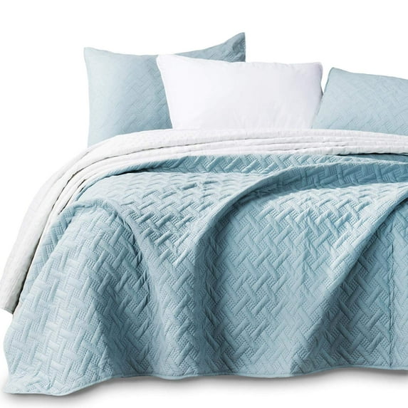 KASENTEX Coverlet 3-pc Mini Quilt Set - All-Season Lightweight Ultra Soft Bedding Stonewashed Blanket - Heat-pressed 2-Tone REVERSIBLE Color, KING + 2 King Shams, Aqua Green/Fairest Jade