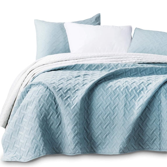 KASENTEX Coverlet 3-pc Mini Quilt Set - All-Season Lightweight Ultra Soft Bedding Stonewashed Blanket - Heat-pressed 2-Tone REVERSIBLE Color, QUEEN + 2 Standard Shams, Aqua Green/Fairest Jade