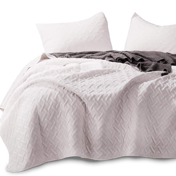 KASENTEX Coverlet 3-pc Mini Quilt Set - All-Season Lightweight Ultra Soft Bedding Stonewashed Blanket - Heat-pressed 2-Tone REVERSIBLE Color, TWIN + 2 Shams, Sheer Pink/Grey Mist