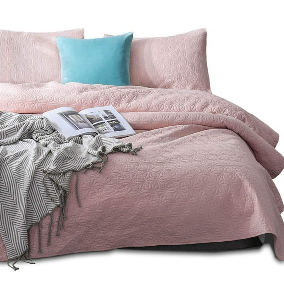 KASENTEX Coverlet Quilt Set-Pre Washed-Luxury Microfiber Soft Warm Bedding-Solid Colors Bedspread-Contemporary Star Design, KING + 2 King Shams, BLUSH PINK Star
