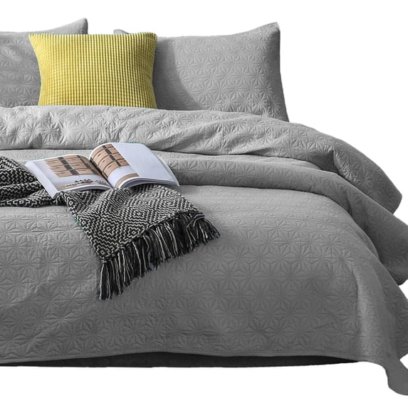 KASENTEX Coverlet Quilt Set-Pre Washed-Luxury Microfiber Soft Warm Bedding-Solid Colors Bedspread-Contemporary Star Design, Oversized Queen + 2 Standard Shams, FLINT GREY