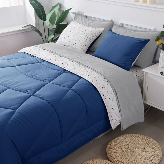 KASENTEX Kids Reversible 5 Piece Bed in A Bag Twin Comforter Set, Navy Blue