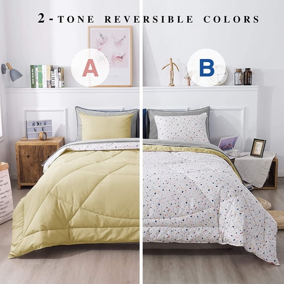 KASENTEX Kids Reversible 5 Piece Bed in A Bag Twin Size Comforter Set Bedding, Yellow