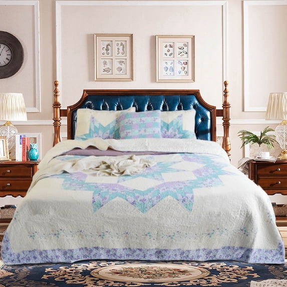 KASENTEX Luxurious Patchwork Bedspread Embroidery Coverlet 100% Cotton Quilt Machine Washable - Oversize, Purple/Green, Full Size