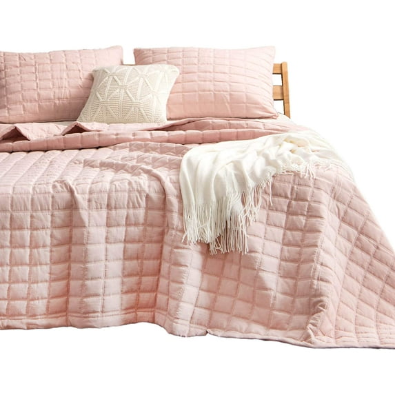 KASENTEX Quilt-Bedding-Coverlet-Blanket-Set, Machine Washable, Ultra Soft, Lightweight, Stone-Washed, Detailed Stitching-Hypoallergenic-Solid Color with Pillow Shams, Blush Pink, Twin Size