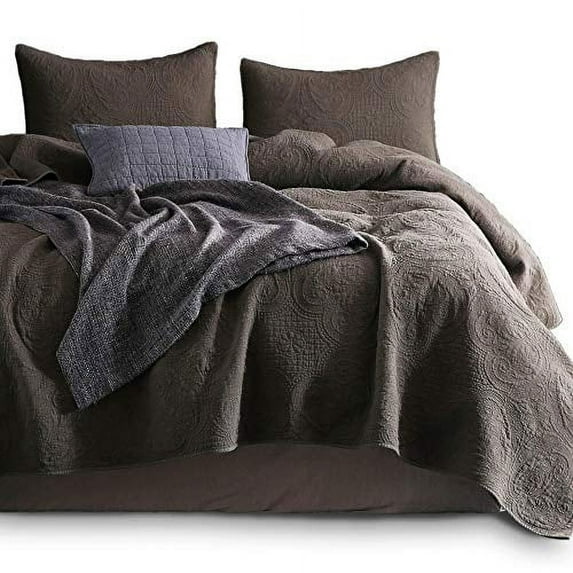 KASENTEX Stone Washed Quilted Coverlet Set with 2 Standard Sham, Cotton Ultra Soft Bedspread Traditional Country Chic Floral Embroidery Patterned, King, Clay Brown
