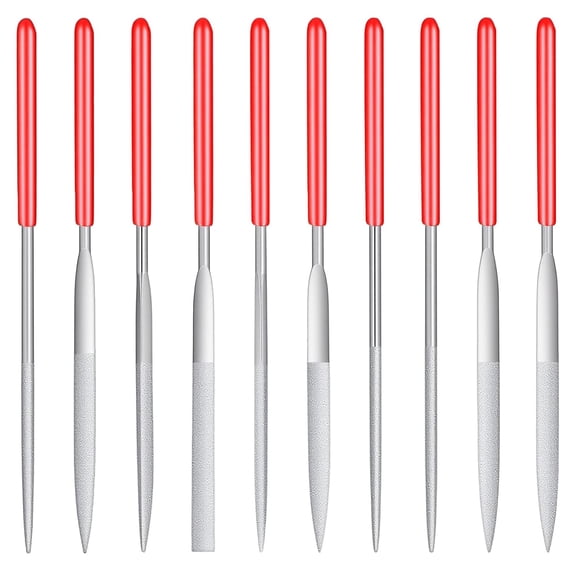 KASIU 10 Pcs Mini Steel Needle File, Multi-Styles Diamond File Portable Round, Flat and Triangular Model Files Tool for Making Carving Jewelry Wood Glass Stone Diy Handmade Crafts, Red