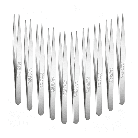 KASIU 10 Pcs Stainless Steel Tweezers Lab Forceps Long Tweezers with Flat Round Tip Hair Removal Tweezer Garden Tweezer Serrated Tip Straight 5 Inch for Plants, Craft, Electrical Repair