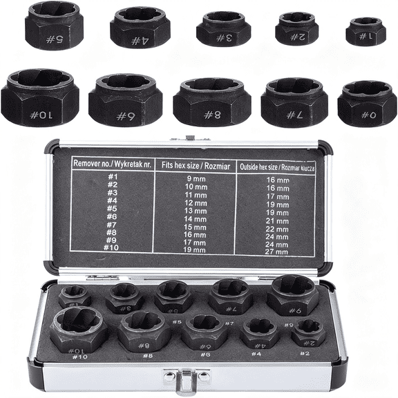 KASIU 10 Pieces Nut Remover Extractor Tool Easy Out Bolt Extractor Set, 9-19Mm Nut Screw Extractors Removal Set Broken Bolt Extractors Socket with Storage Case
