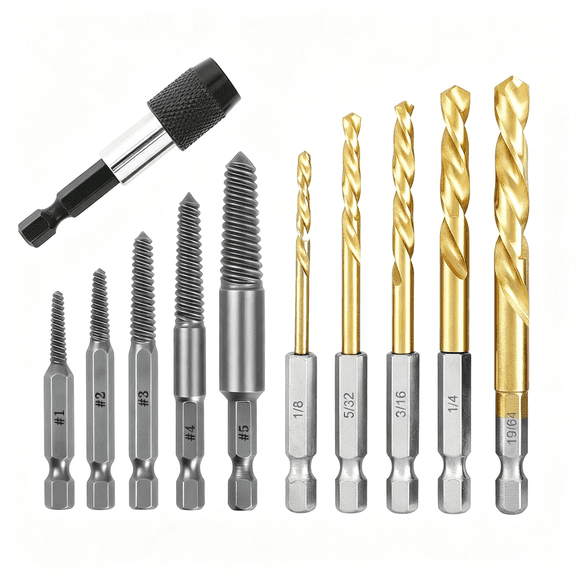KASIU 11 Pcs Stripped Screw Extractor Set, Reverse Drill Bit Extractor Set | Hex Shank Left Hand Drill Bit and Bolt Extractor Kit for Removing Damaged Broken Screws, Bolts, and Studs