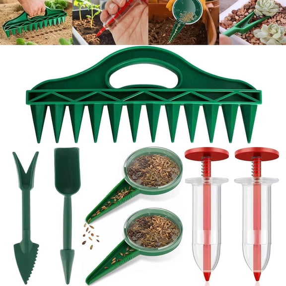 KASIU 12-Hole Digger Seed Spreader,7 Piece Sowing Seeds Dispenser Set,Mini Seed Dispenser for Small Seeds, Handheld Seed Planter Tool Seed Dibber Multifunctional Spacer Gardening Tools (Green)