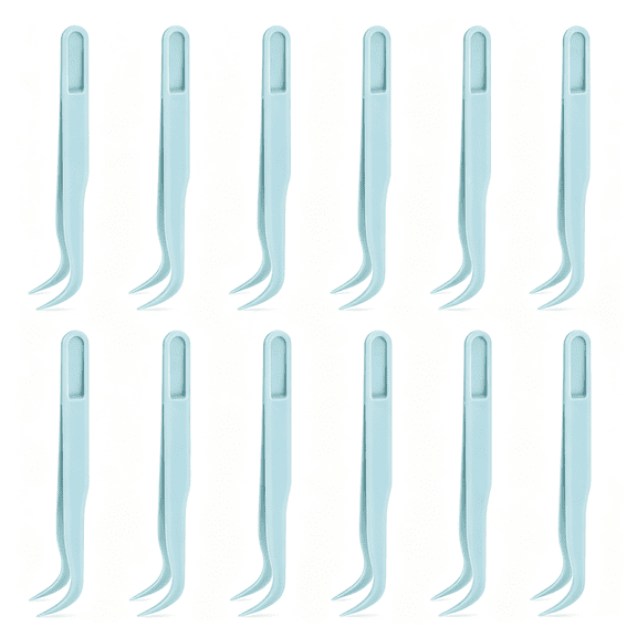 KASIU 12 Pcs Plastic Tweezers 4.5",Bent Tip Precision Craft Tweezers for Diy Beads Jewelry,Paper Stickers,Baking Decor,Reptile Feeding,Hobby Tools for Kids Adults Precision Tweezers(Blue)