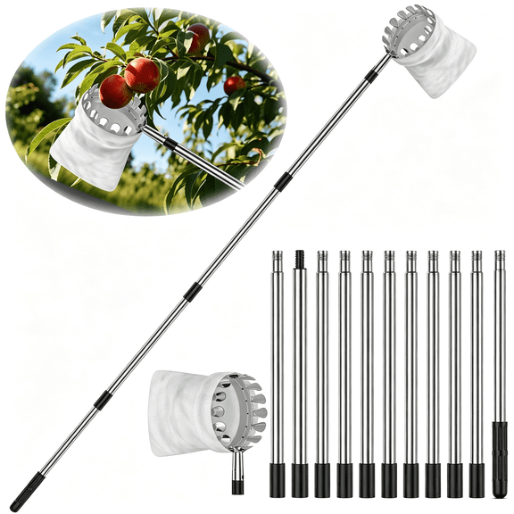 KASIU 13.8 Ft Fruit Picker Tool with Stainless Steel Pole & Soft Basket - Adjustable Tree Fruit Harvester for Apple,Mango,Avocado,Orange,Pear,Lemon & More - Lightweight & Rust-Resistant