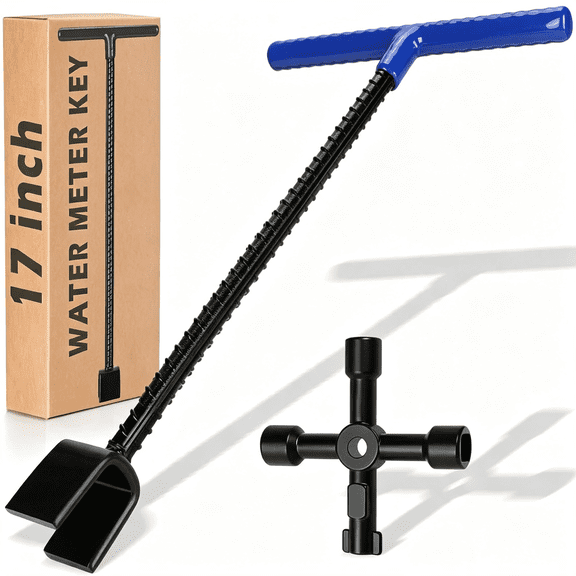 KASIU 17 Inch Water Meter Key with 4 Way Multi Functional Utilities Key, Enforced Rebar Water Shut Off Tool Wrench T Handle for Curb Main and Water Meters, Underground Stop Or Waste Valves